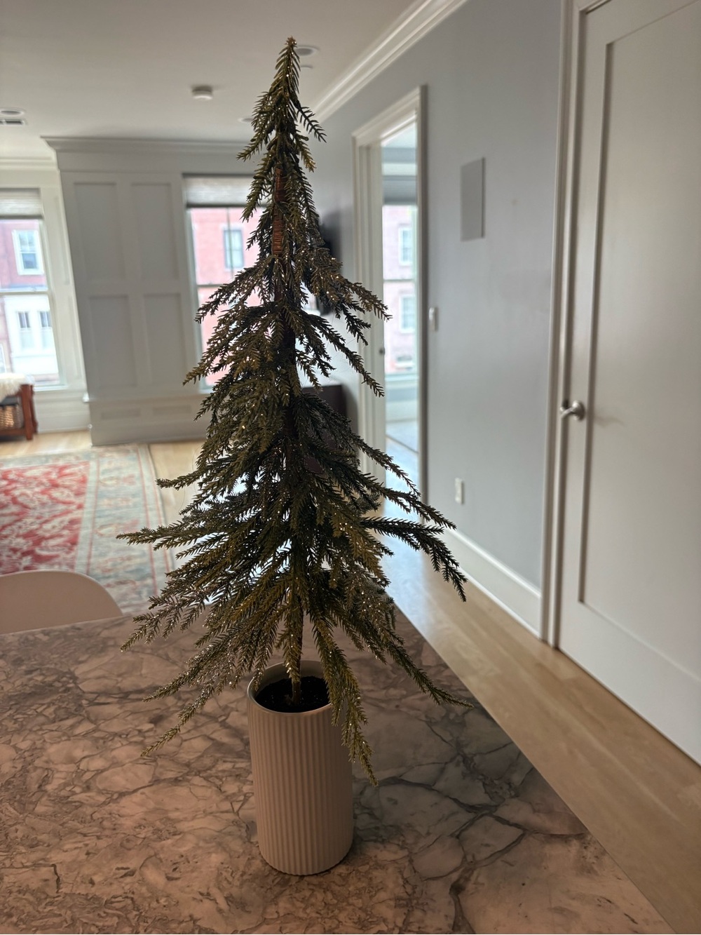 Glittery New Mini Green Pine Tree in White Ribbed Pot - Home Holiday Deco